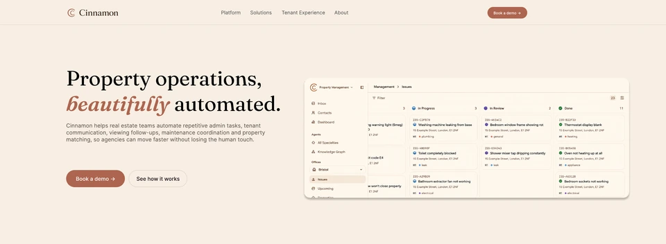 Cinnamon homepage concept with cream backgrounds, serif headings and a restyled product dashboard.