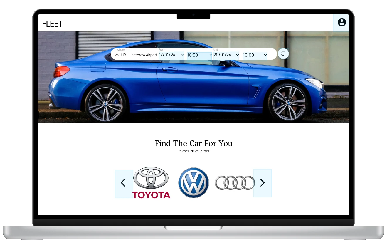 FLEET booking interface with location and date search over a blue car photograph.