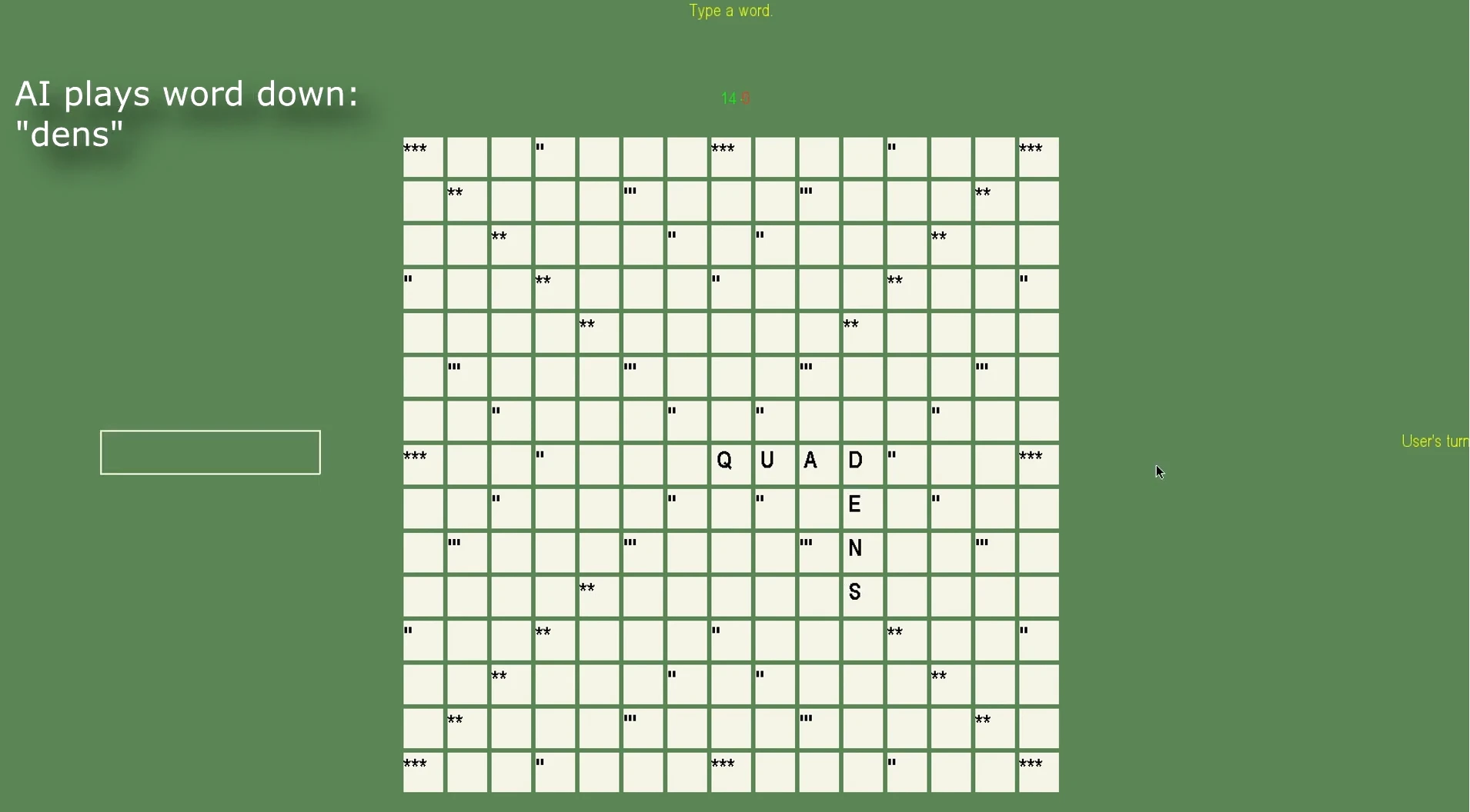 Scrabble game demonstration showing a green board with the player’s word QUAD and the opponent’s response DENS.
