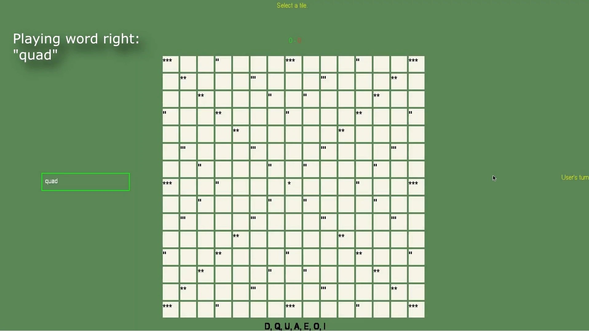 Original Scrabble demonstration with QUAD in the word-entry field beside the board and the available letter rack.