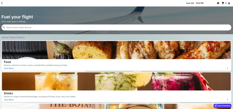 Sky-Serve passenger interface with food and drink categories.