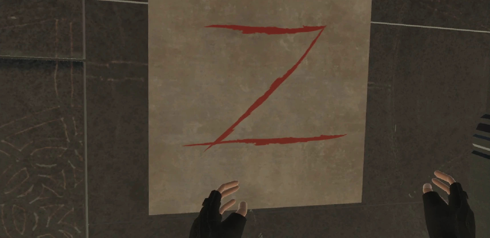First-person VR view of two gloved hands beneath a completed red Z on a stone panel.